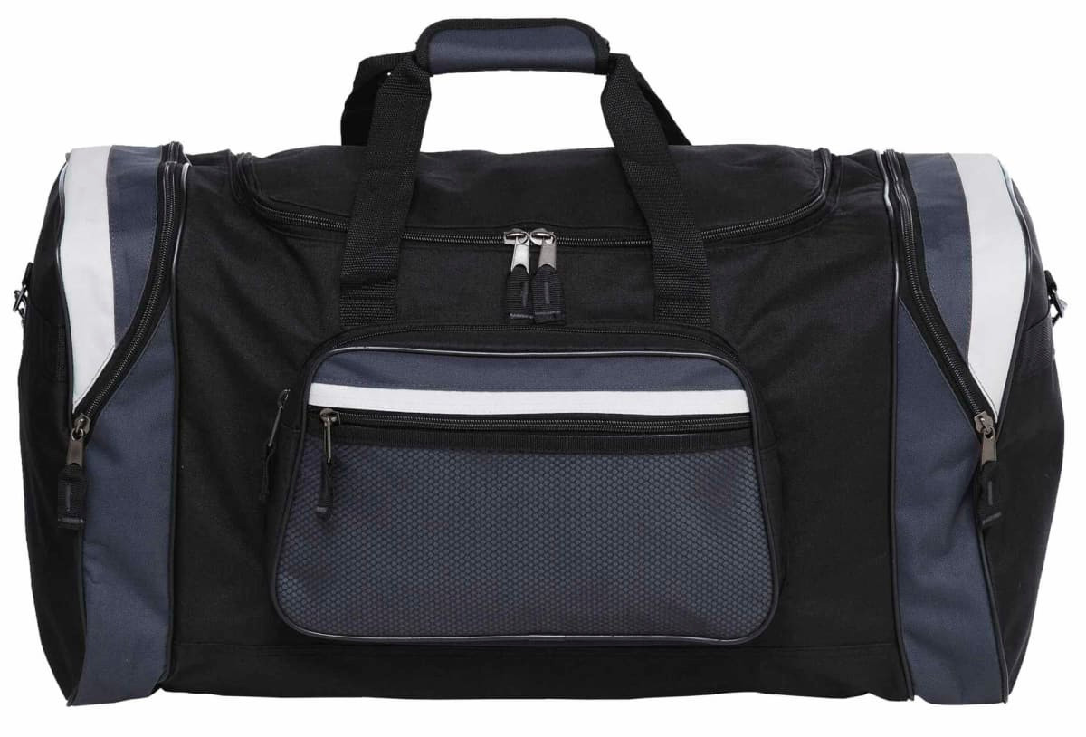 A black and grey duffle bag featuring multiple zippered compartments and a logo on the front.