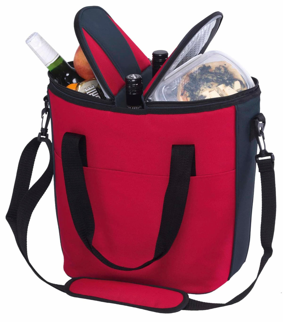 A red and grey cooler bag with a bottle, container, and fruit visible inside. It has a shoulder strap and branding.