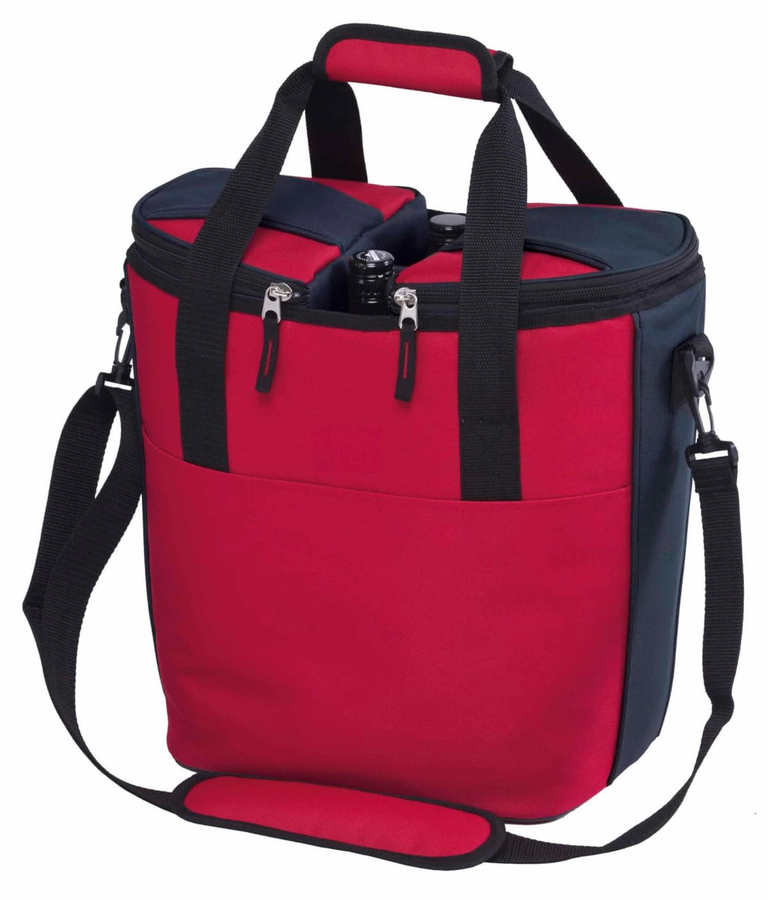 A red and navy cooler bag with dual compartments, featuring two handles and a shoulder strap.