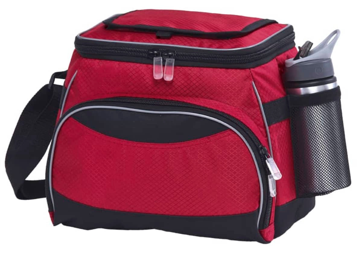 A red and black cooler bag with zippers and a side mesh pocket holding a drink bottle. Features a shoulder strap.