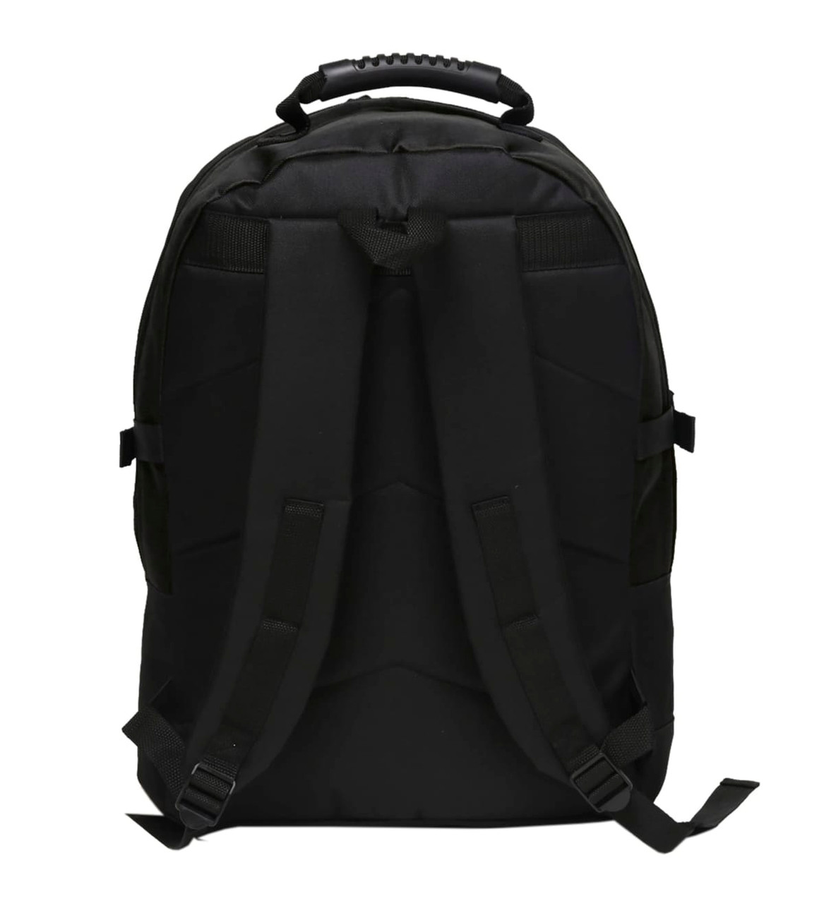 A black backpack featuring padded straps and a top handle, with a structured design and no visible external pockets.