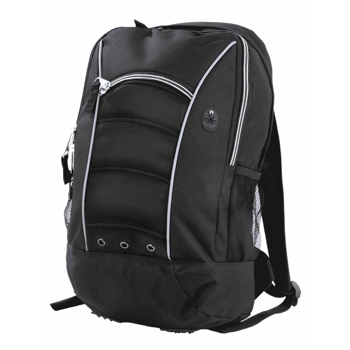A black backpack featuring padded sections, zippered compartments, and mesh side pockets, with a logo on the front.