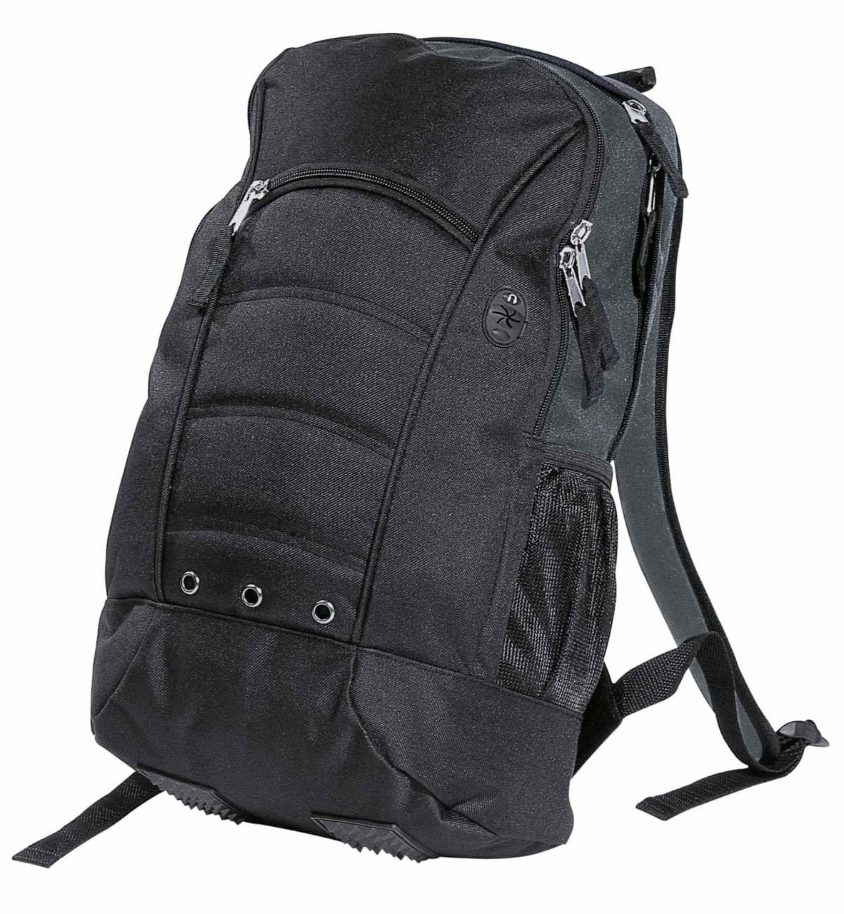 A black backpack with a padded back, multiple zippered compartments, and side mesh pockets. It has a logo.