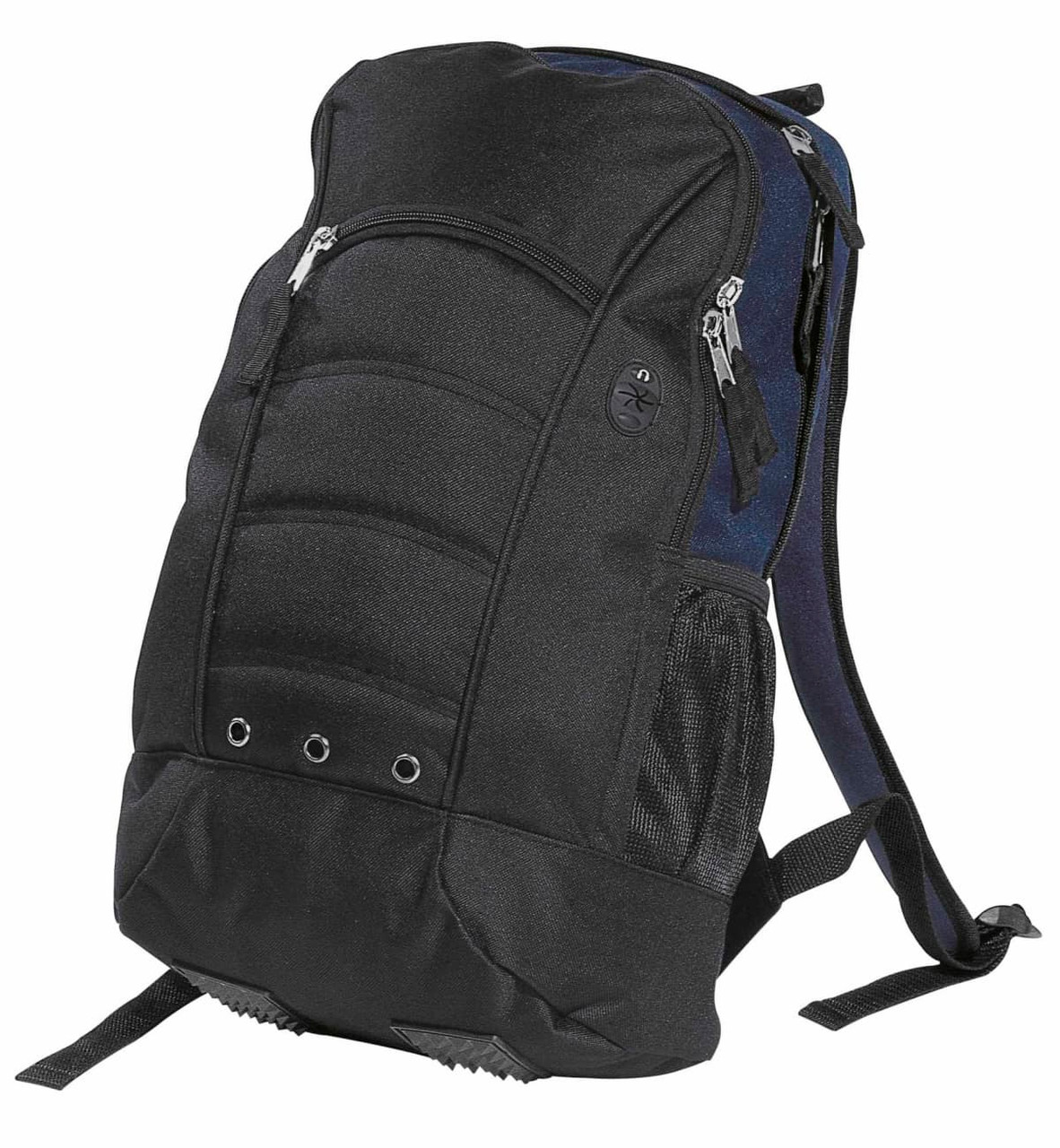 A black and navy backpack with multiple compartments, zippers, and mesh side pockets. It features a logo on the front.