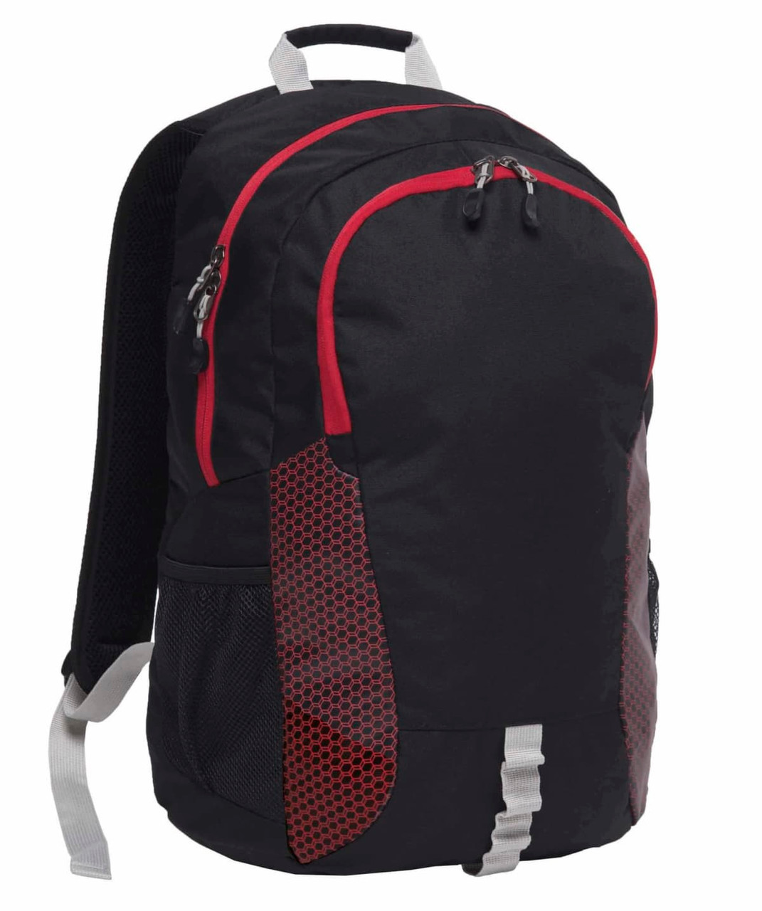 A black backpack with red accents, featuring a textured panel, side mesh pockets, and adjustable straps.