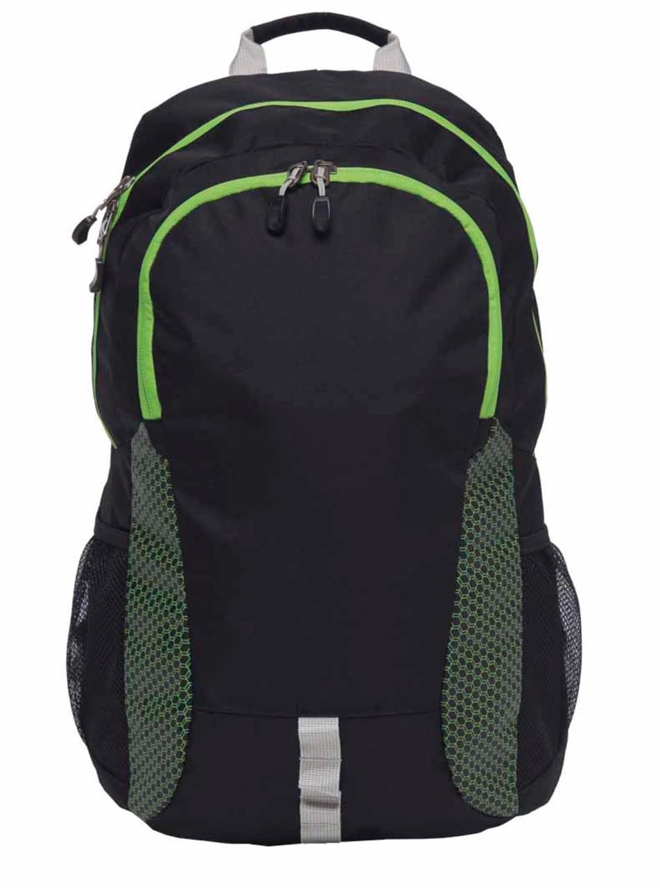 A black Grommet Backpack with green accents and mesh side pockets, featuring a logo on the front.
