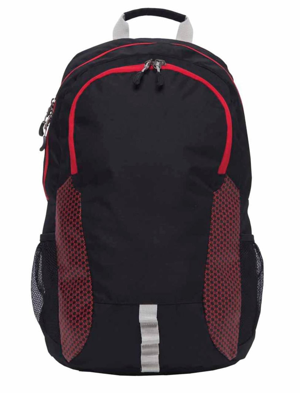 A black and red Grommet backpack featuring mesh side pockets and a grey handle on top. It has a logo.