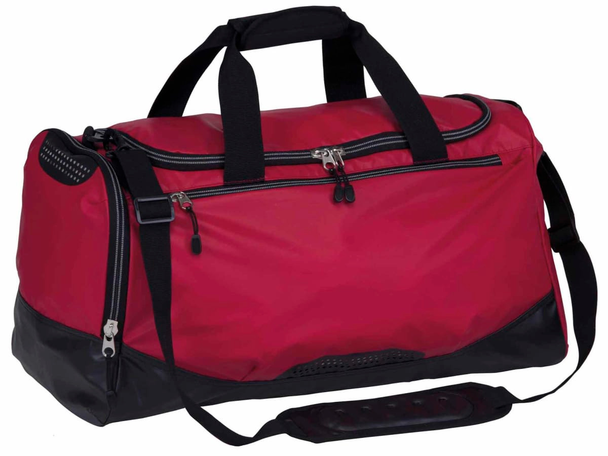 A red and black duffle bag with multiple compartments and a shoulder strap, featuring a logo.