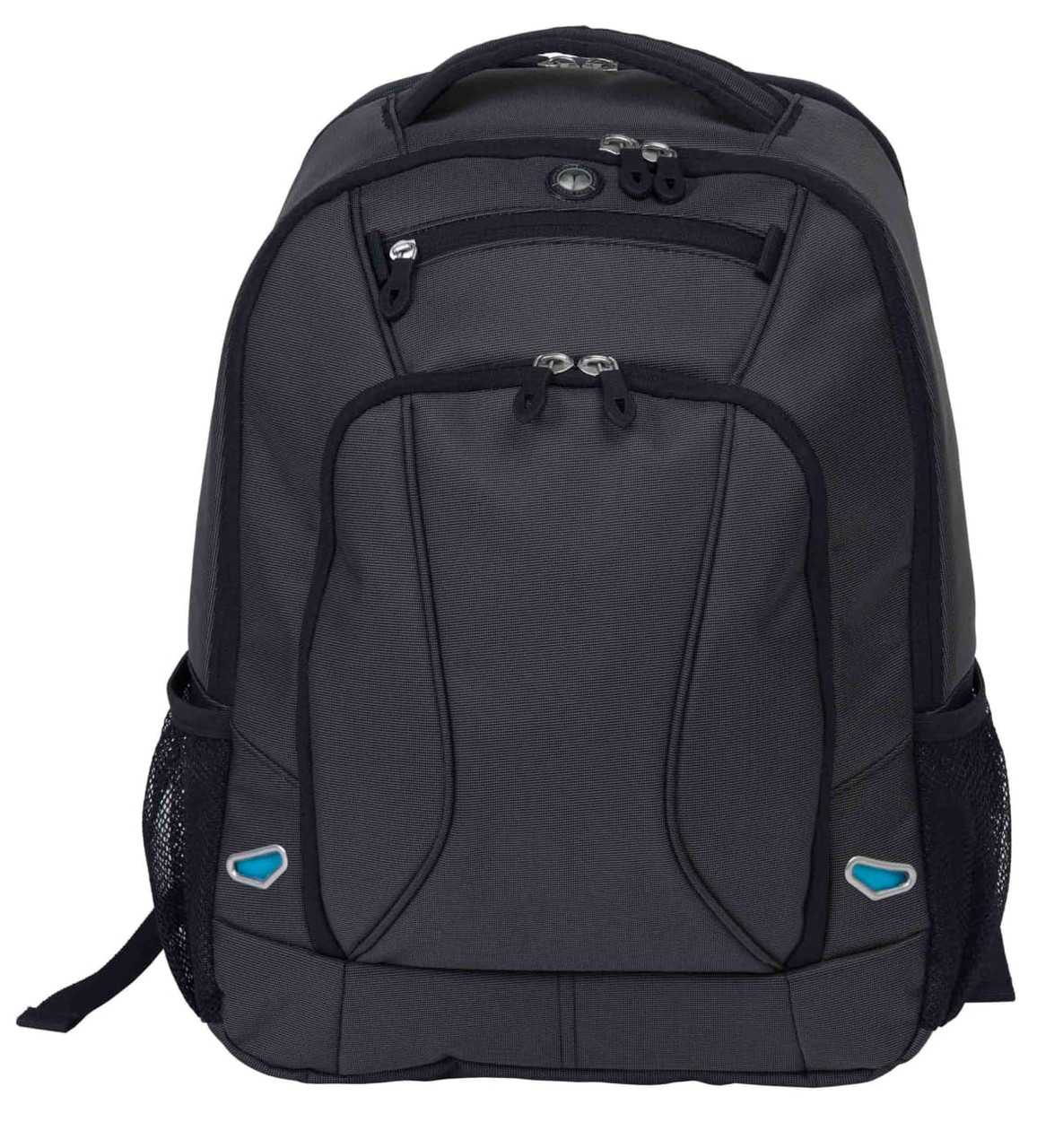 A grey backpack with black accents, featuring multiple compartments and a side mesh pocket. It has a logo on it.