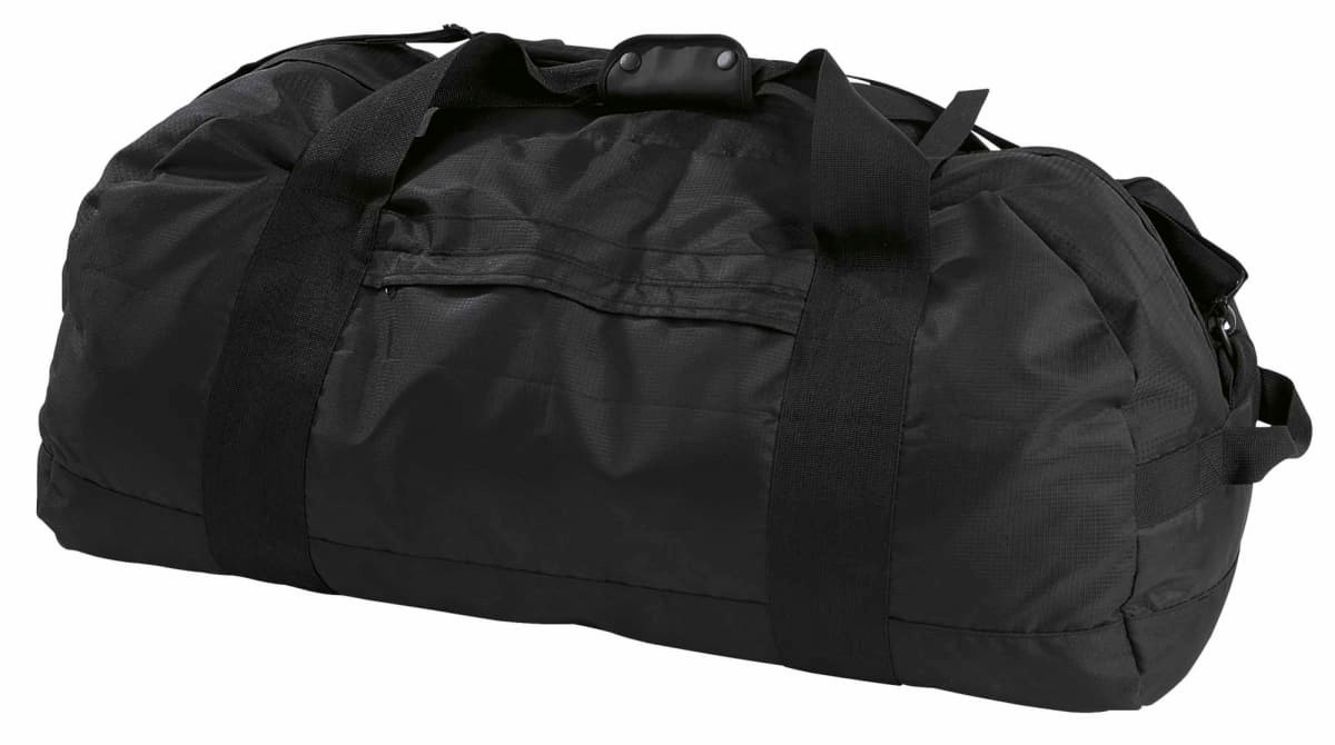 A black duffle bag with sturdy handles and a zippered pocket, featuring a simple logo on the side.