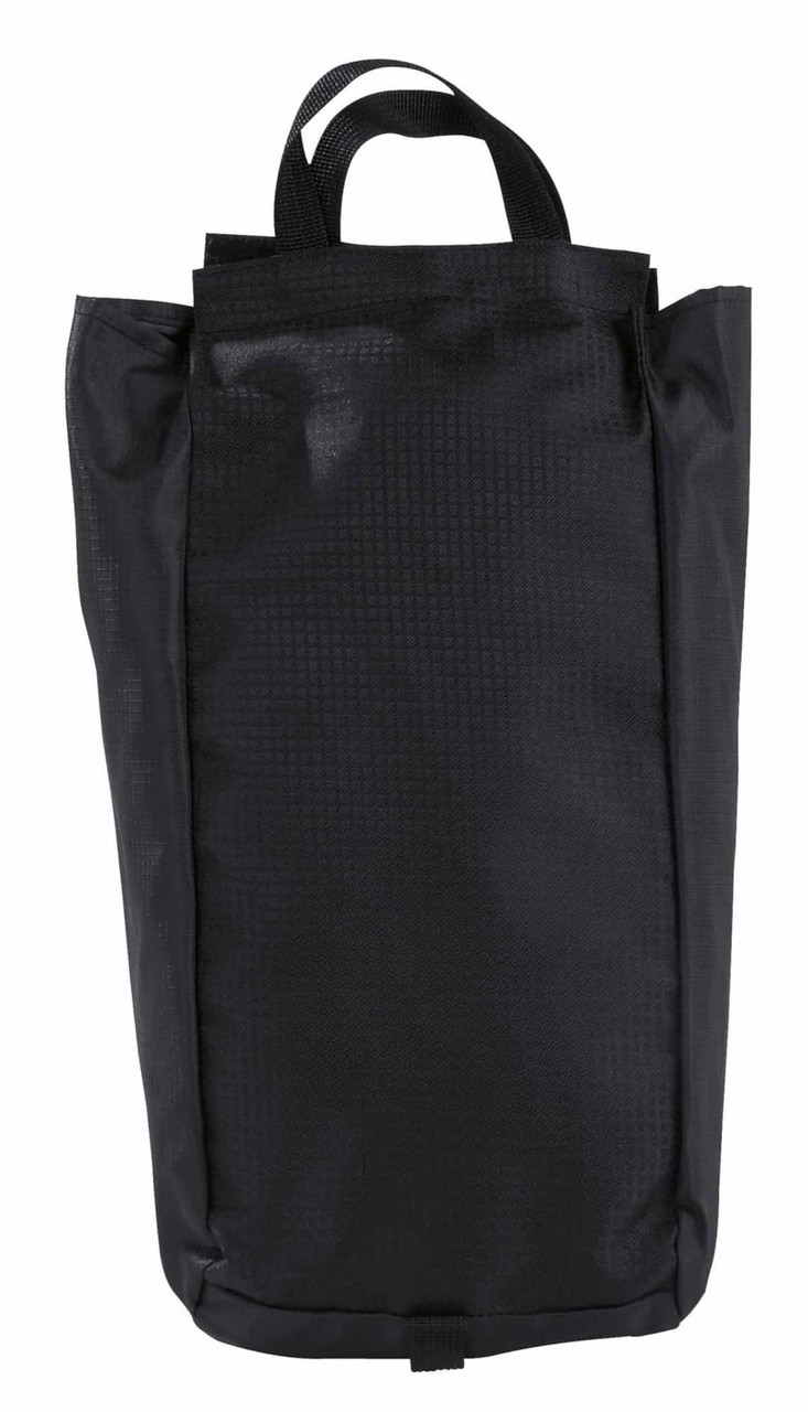 A black duffle bag made of textured fabric, featuring a top handle and a branding logo.