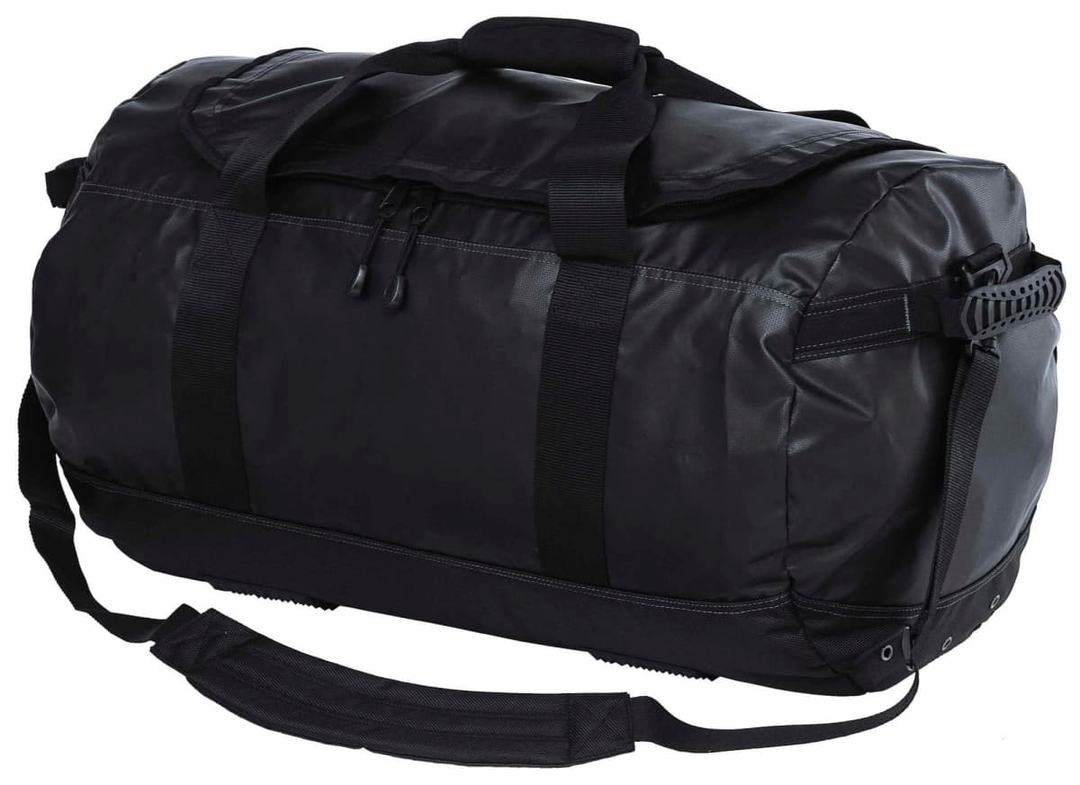 A black duffle bag with sturdy handles and a removable shoulder strap, featuring a logo on the side.