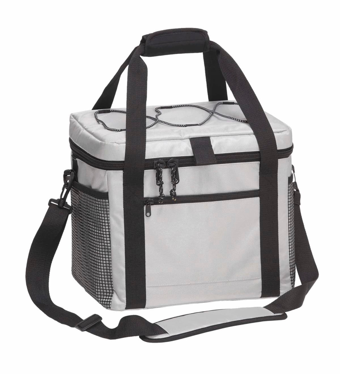 A grey cooler bag with black straps and mesh pockets, featuring a zippered compartment and an adjustable shoulder strap.