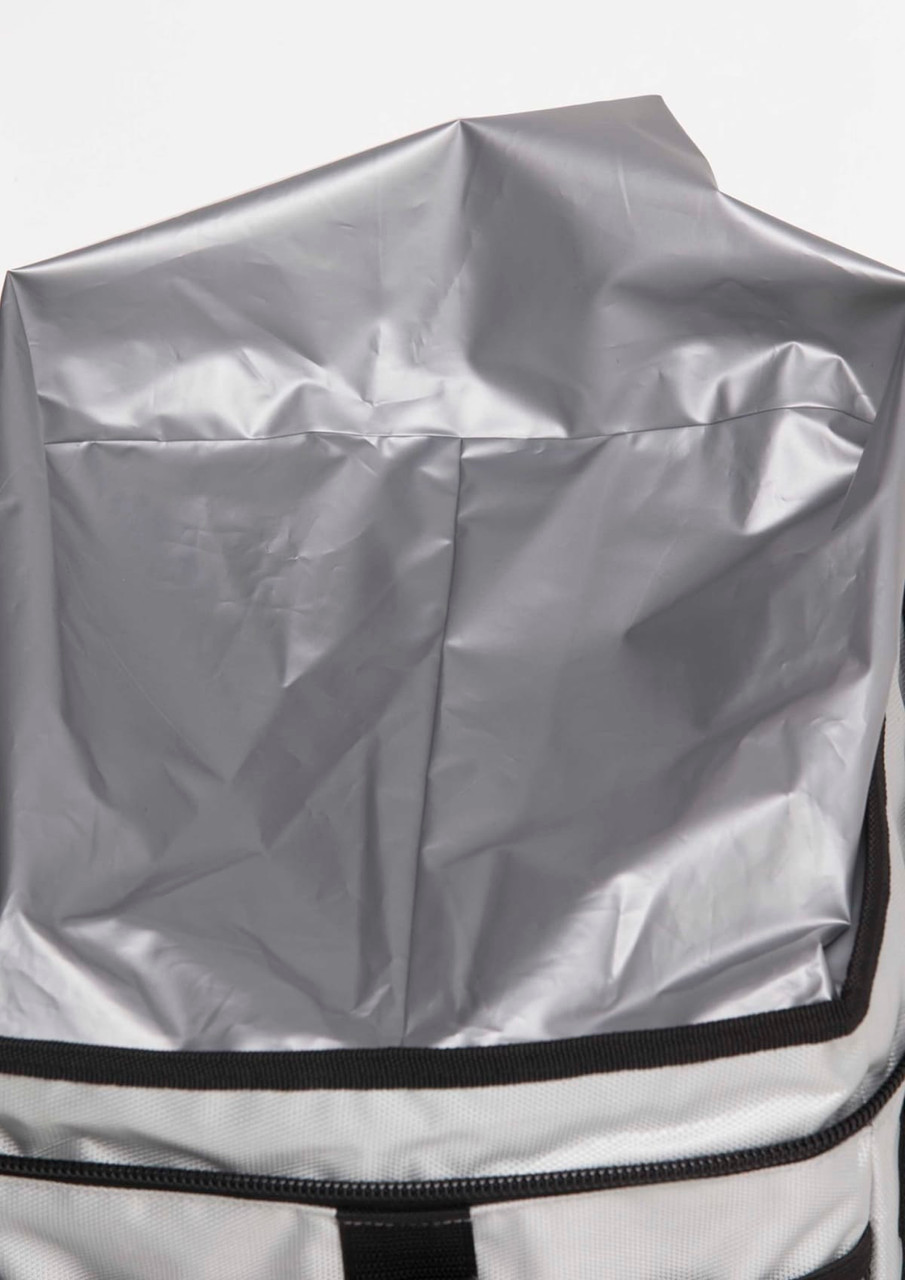 A grey insulated cooler bag with a zip closure and a waterproof interior liner. It features a black trim and handle.