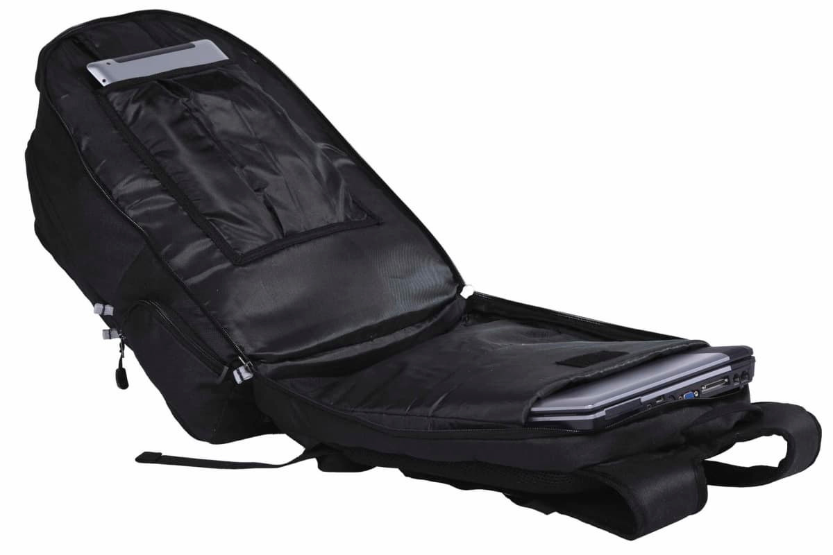 A black backpack with a spacious inner compartment, featuring pockets for a laptop and additional storage.