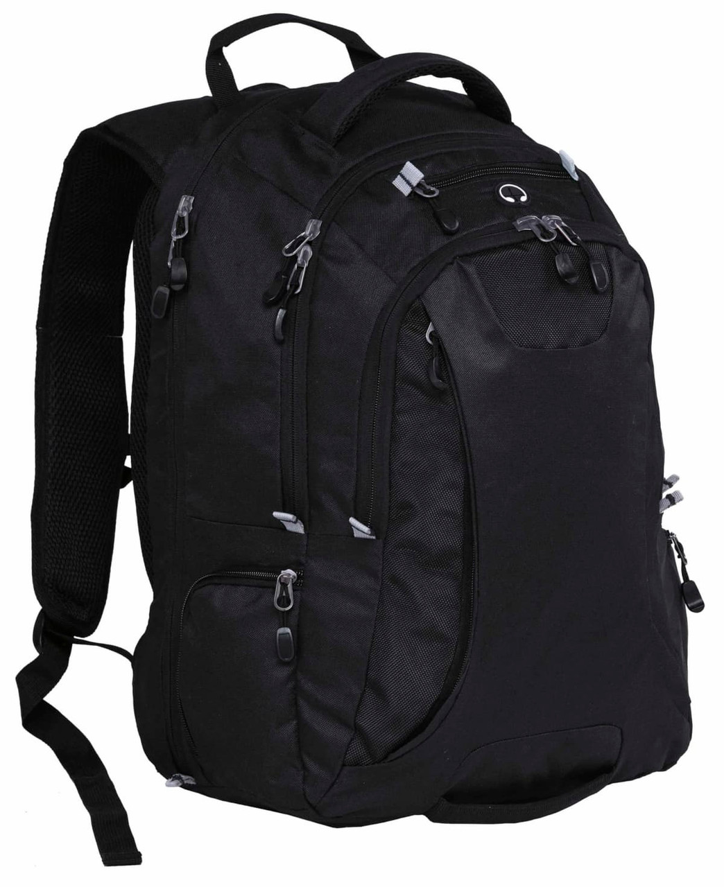 A black backpack with multiple compartments, zippers, and padded shoulder straps. It features a logo and a sturdy handle.