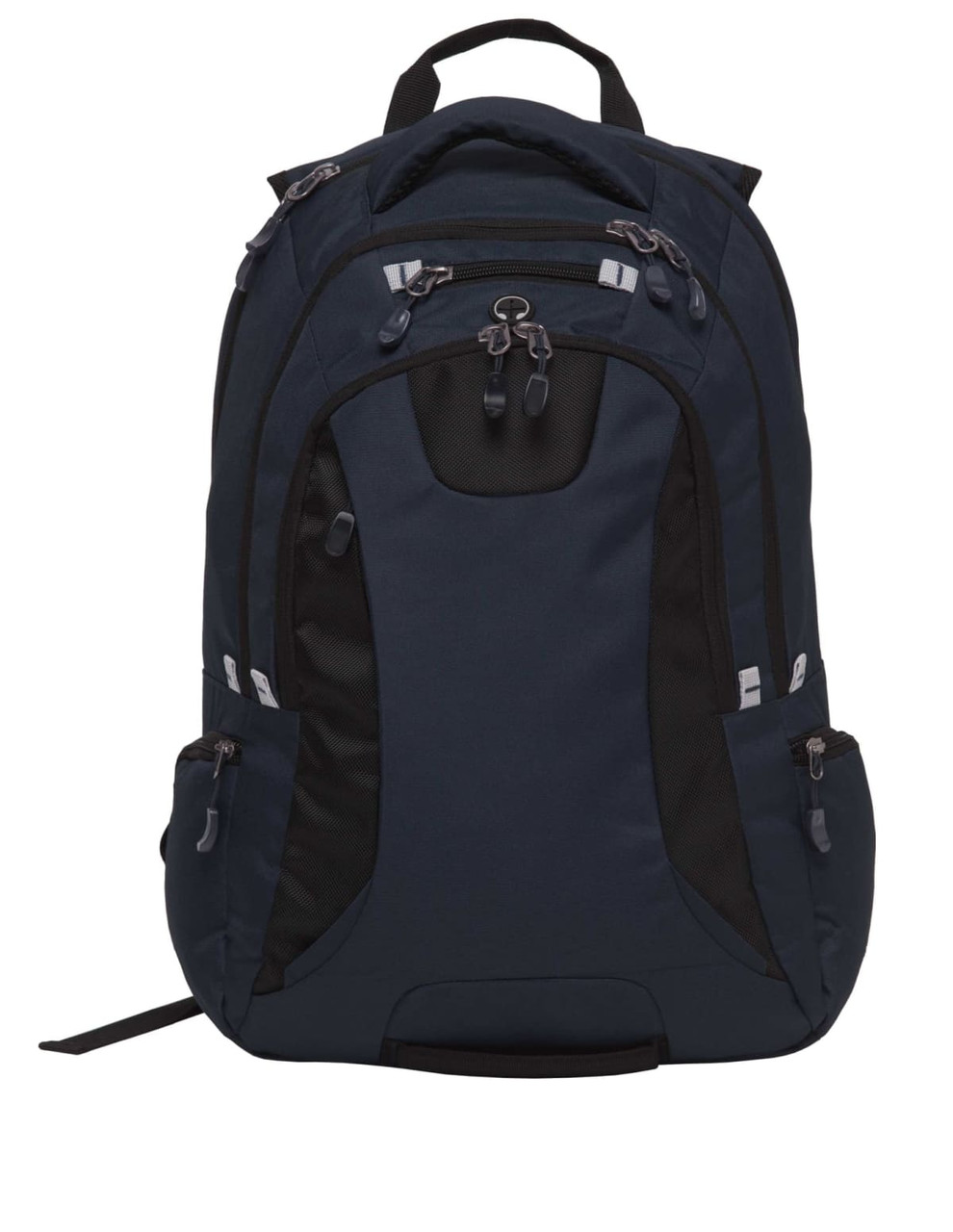 A navy blue backpack featuring multiple compartments, zippers, and a logo. It has padded straps and a sleek design.