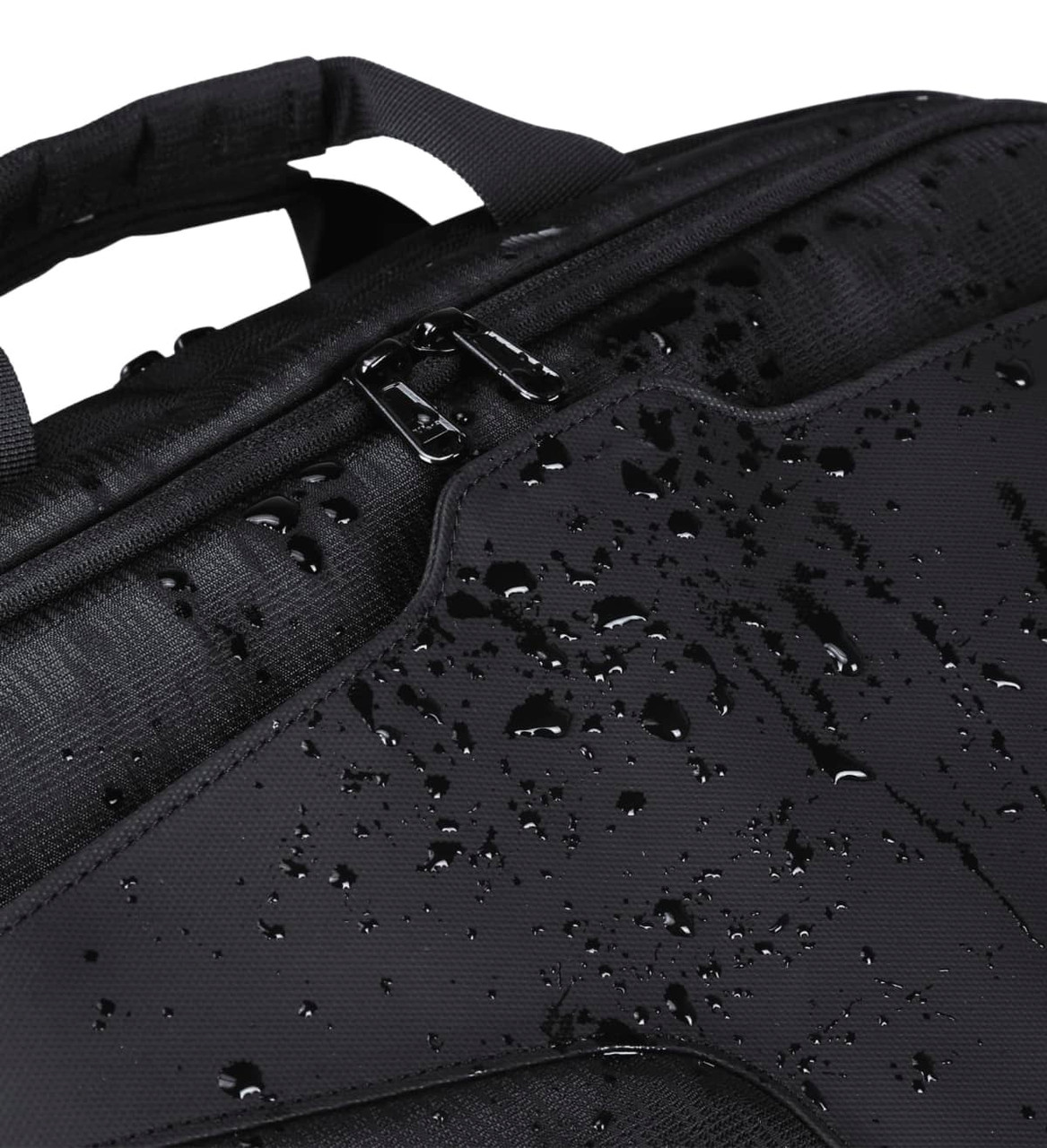 A black laptop bag with a textured surface, featuring water droplets on it and a zippered closure.