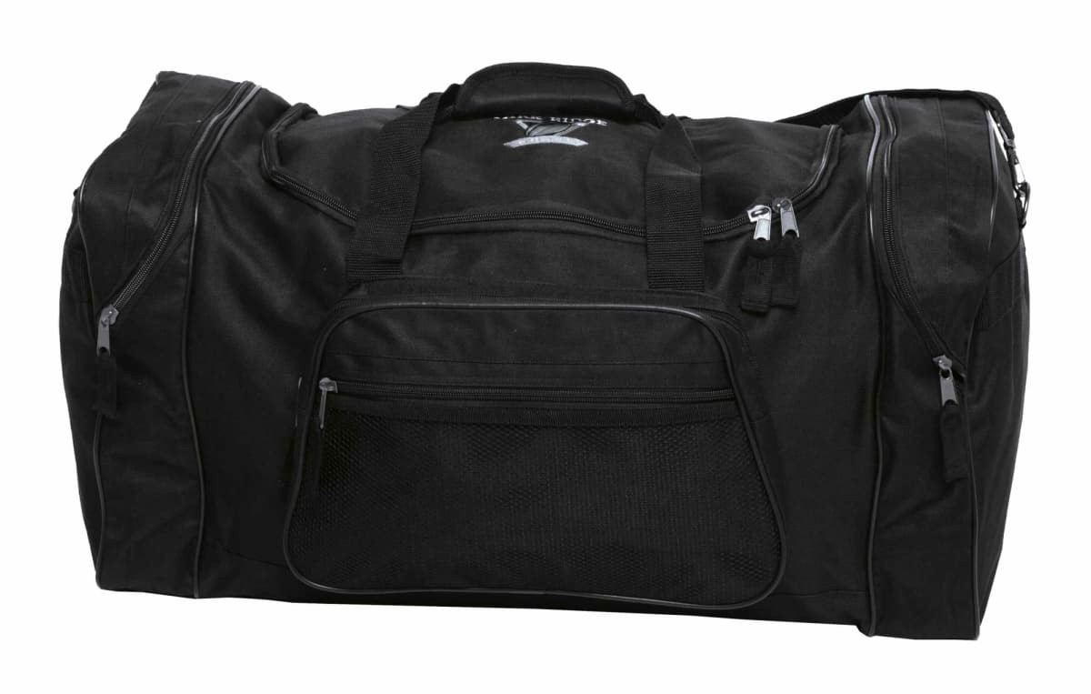 A black duffle bag with multiple compartments and zippers, featuring a logo on the front.
