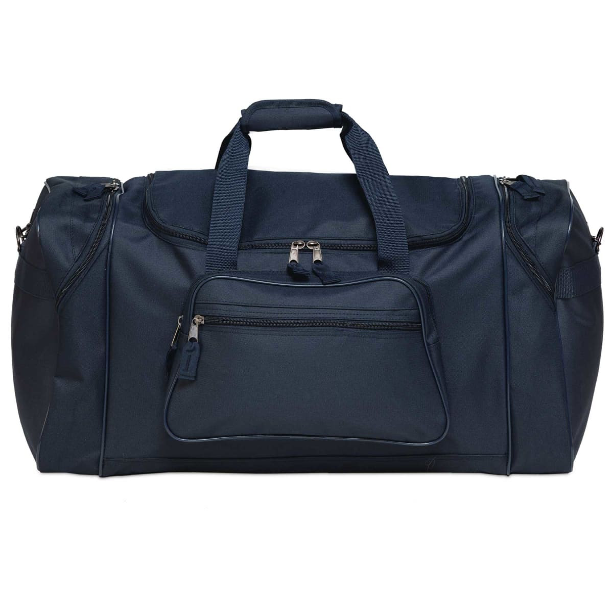 A navy blue duffle bag with a large main compartment, side pockets, and a front zippered pocket. It has a logo.