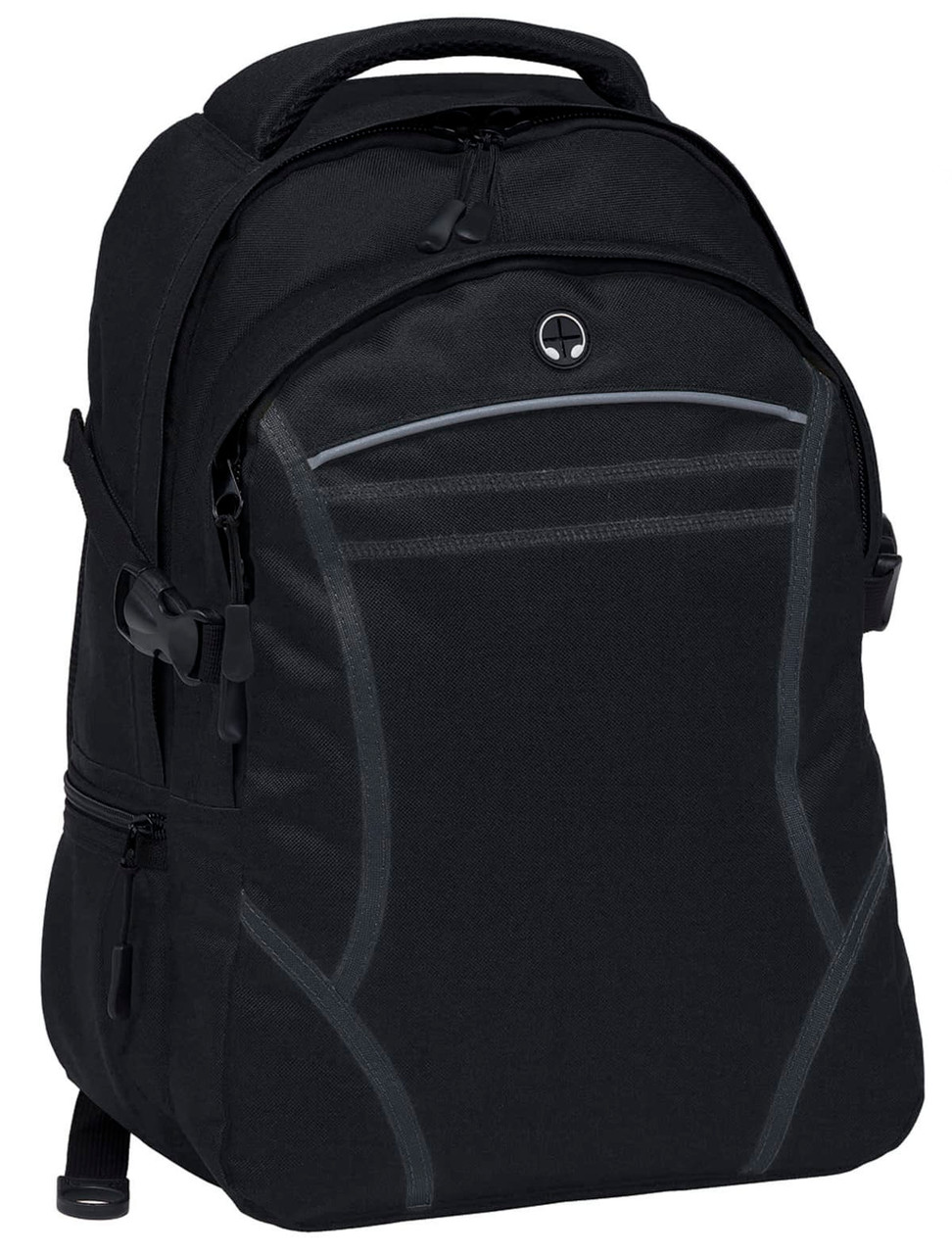 A black backpack featuring multiple compartments, adjustable straps, and a logo on the front.
