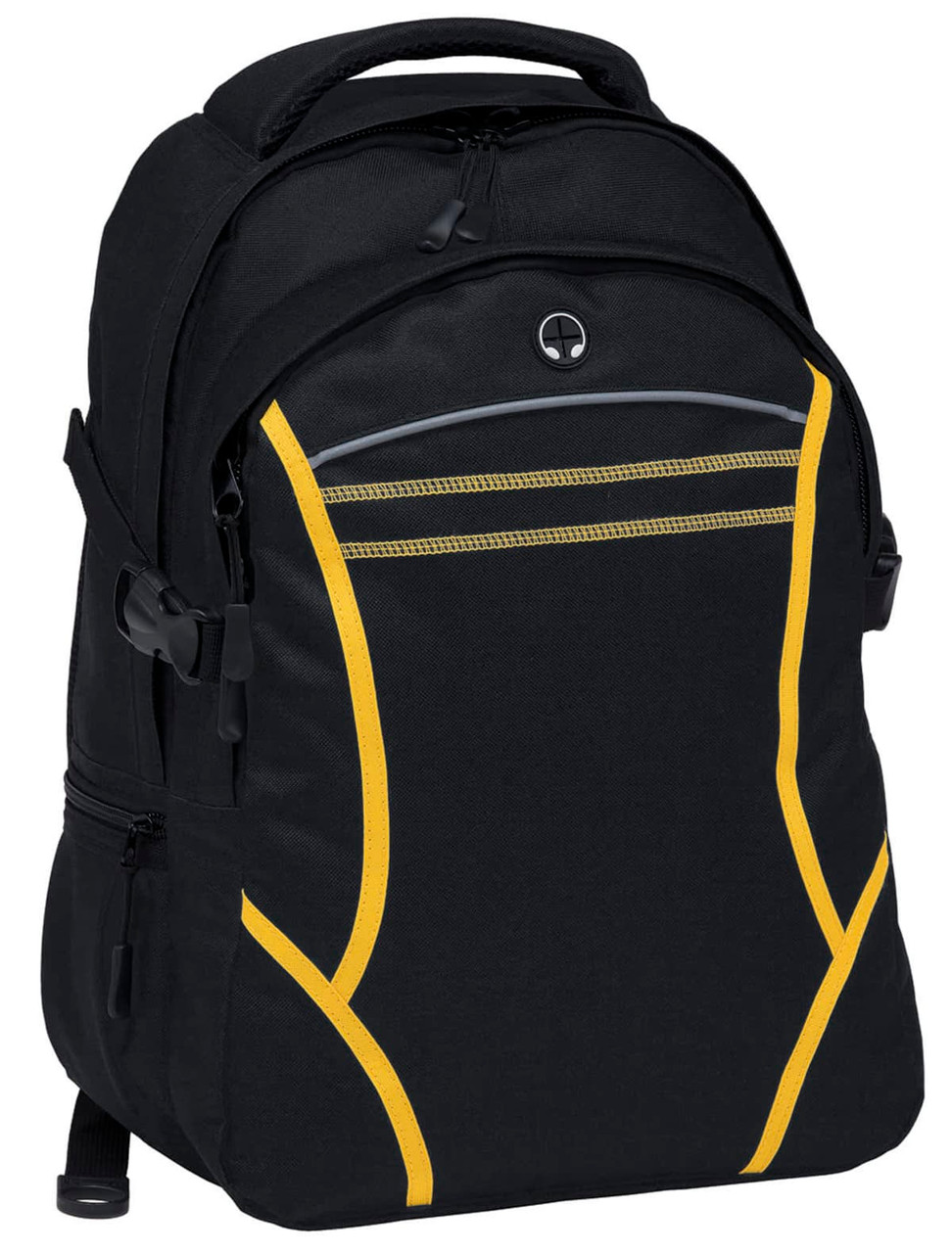 A black backpack with yellow accents featuring multiple compartments and a logo on the front.