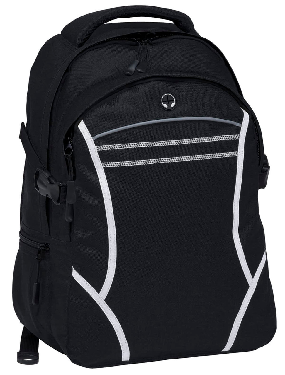 A black backpack featuring white accents and multiple zippers, with a logo on the front.