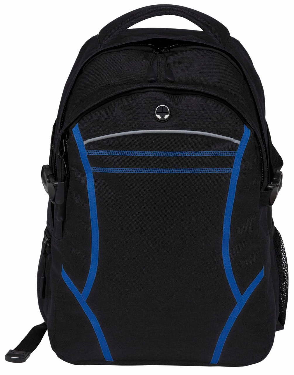 A black backpack with blue accents, featuring zippers, a mesh side pocket, and a logo on the front.