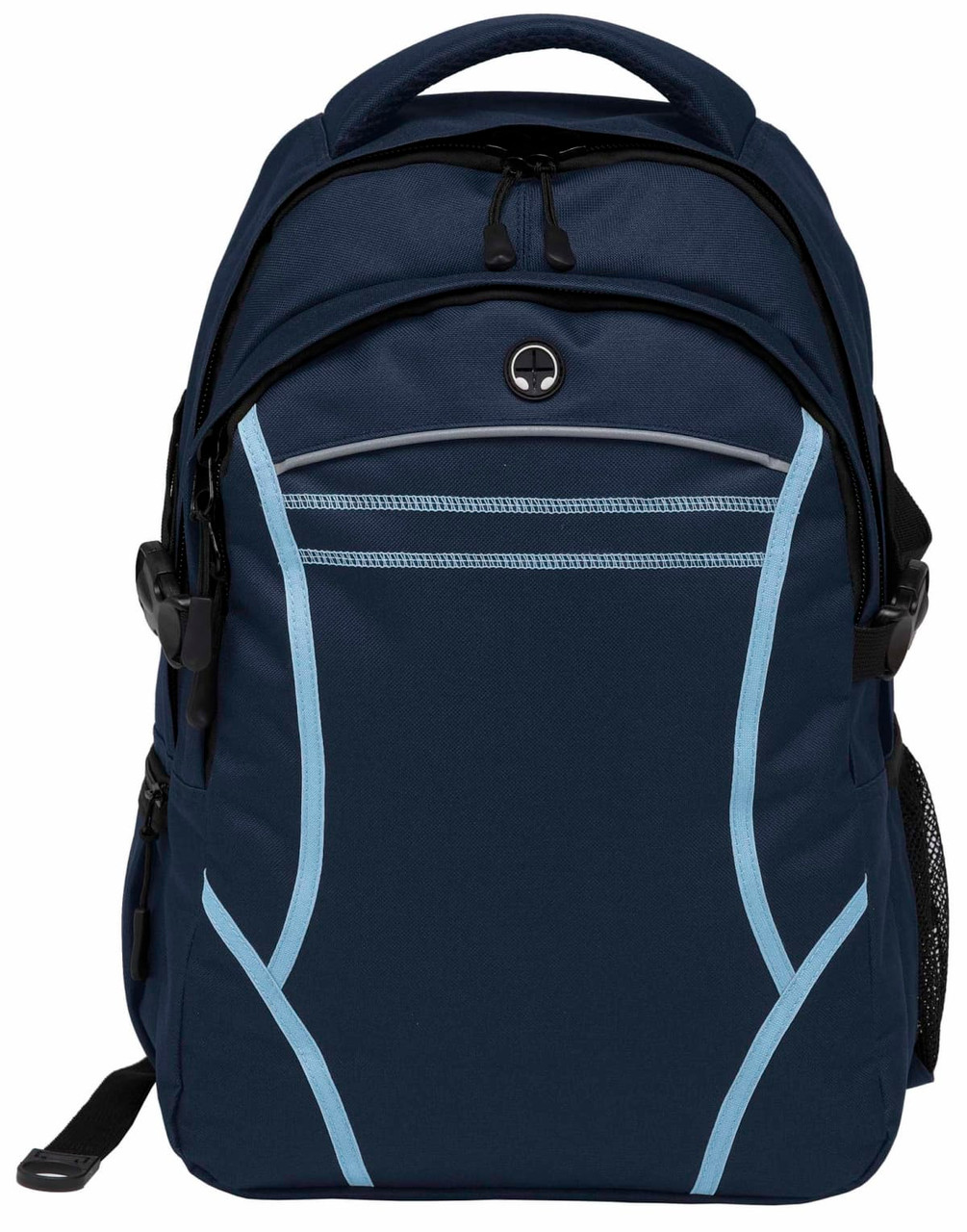 A navy blue backpack with light blue accents and a logo, featuring multiple compartments and a mesh side pocket.