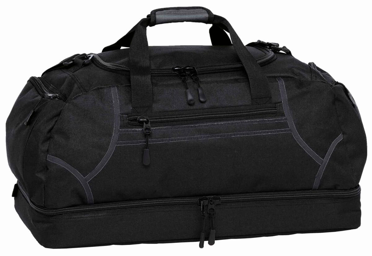 A black duffle bag with multiple zippered compartments and carry handles, featuring a logo.