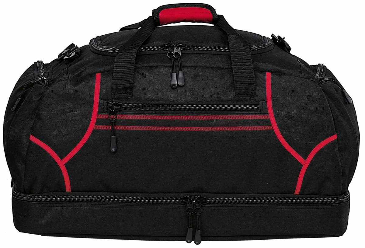 A black duffle bag with red accents, featuring multiple zippered compartments and sturdy handles. It has a logo.