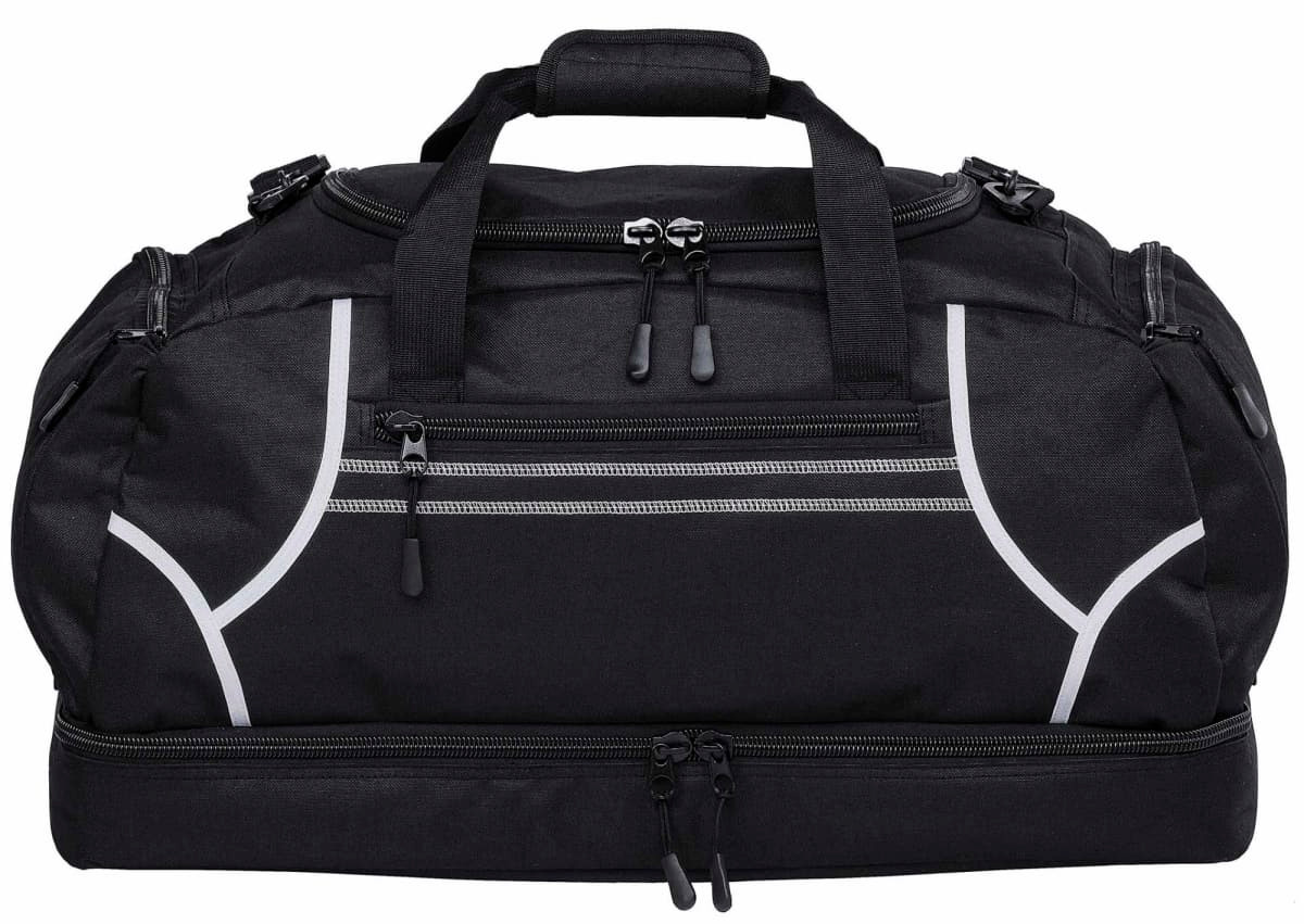 A black duffle bag with reflective accents and multiple compartments, featuring two handles and zippers.