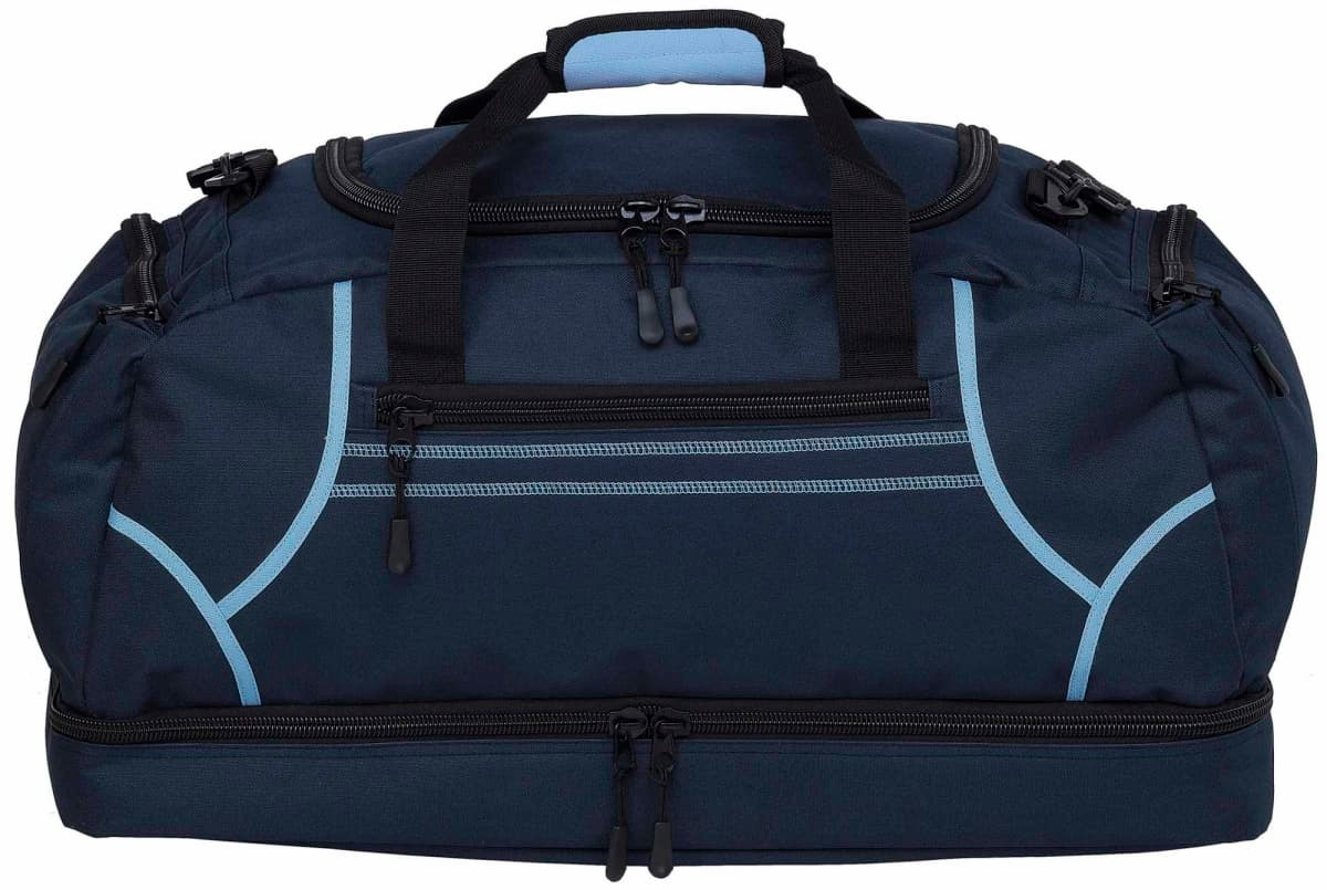 A navy duffle bag with light blue accents, featuring double zippers and carry handles, along with a logo on the side.