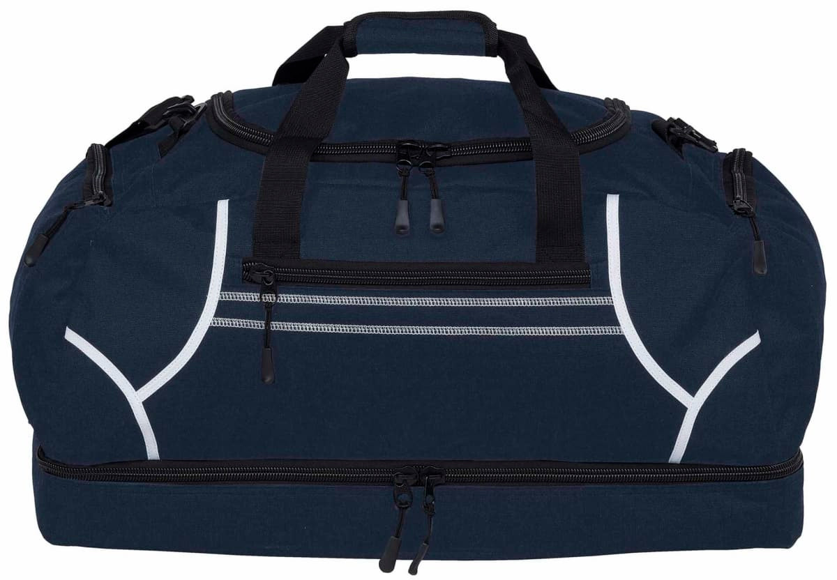 A dark blue duffle bag with black zippers and straps, featuring a logo on the front.