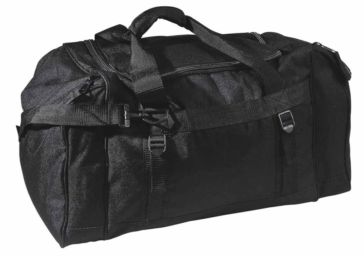 A black duffle bag with multiple compartments and straps, featuring a logo.