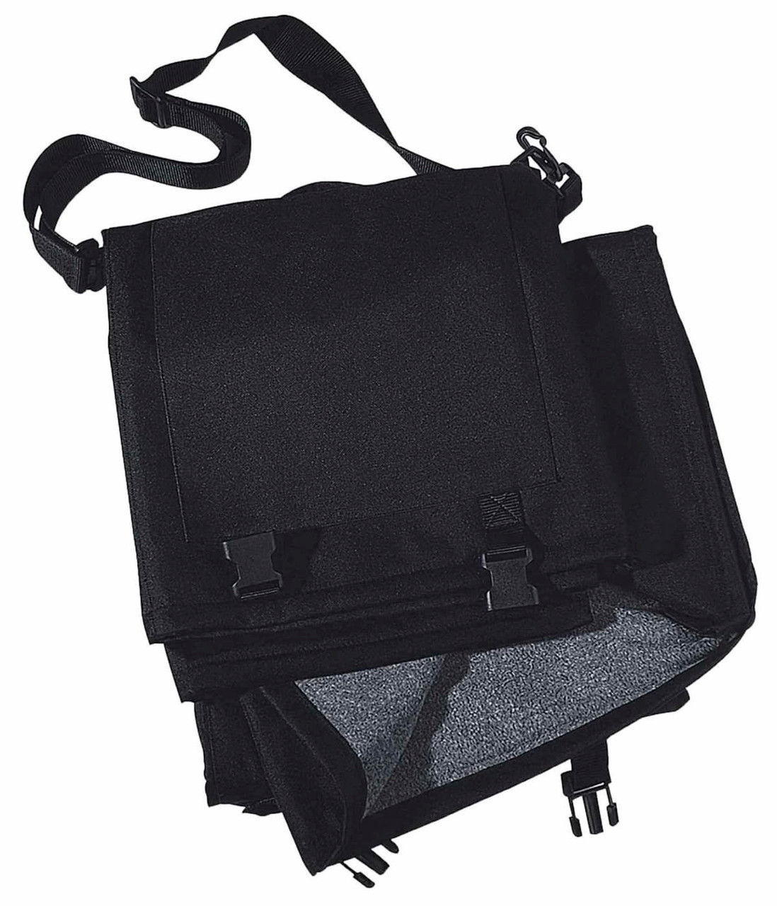 A black sports blanket with straps and clips, neatly folded for storage. It has a simple, functional design.