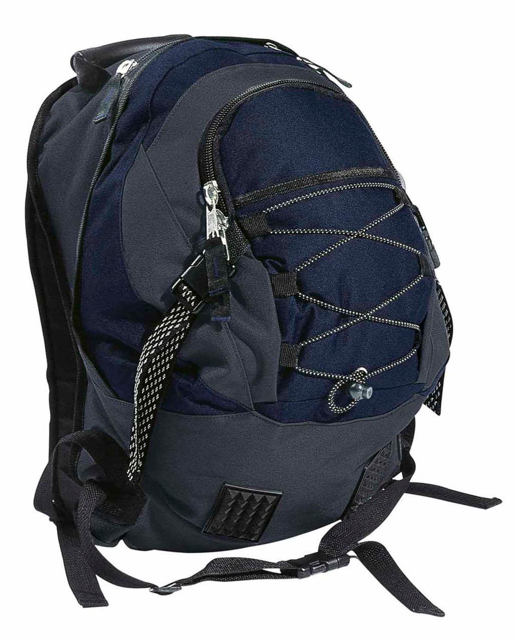 A dark navy and grey backpack featuring zippers, adjustable straps, and a logo.