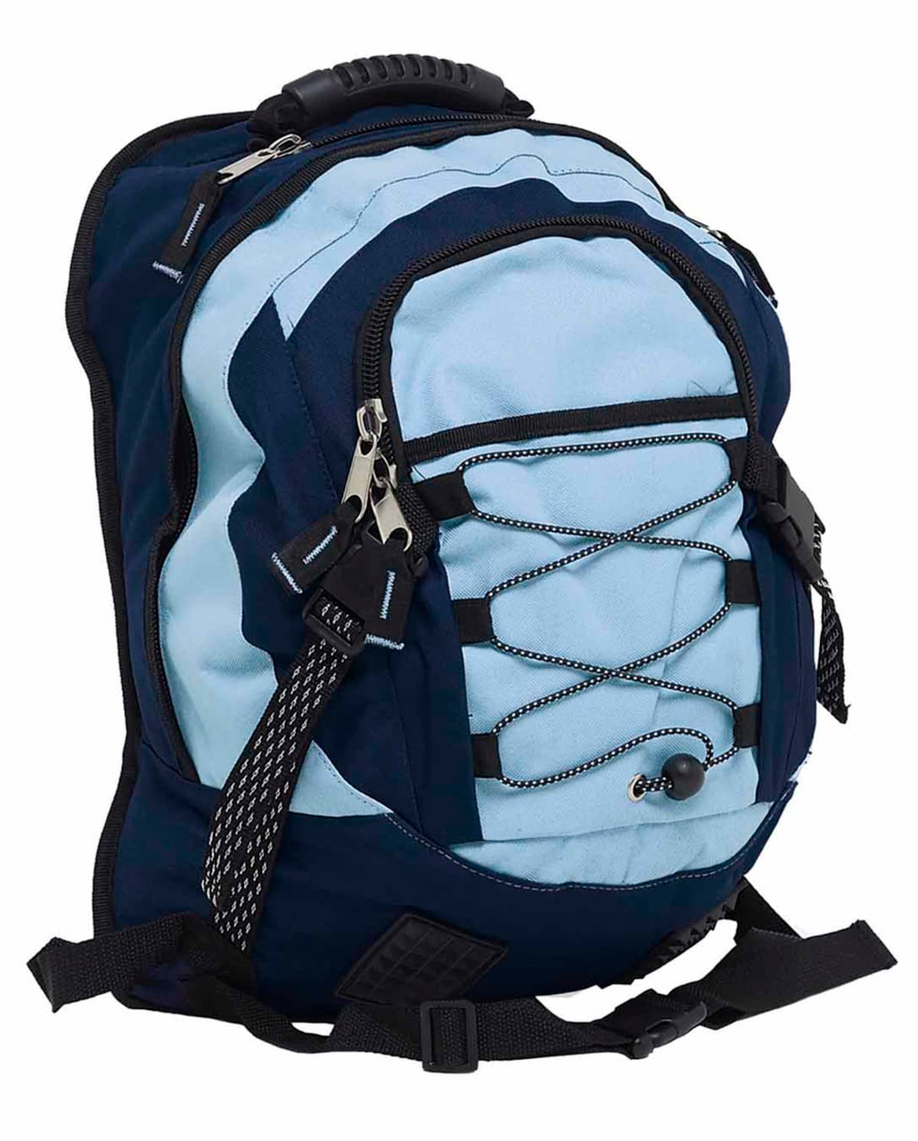 A blue and navy backpack featuring multiple compartments, adjustable straps, and a logo.