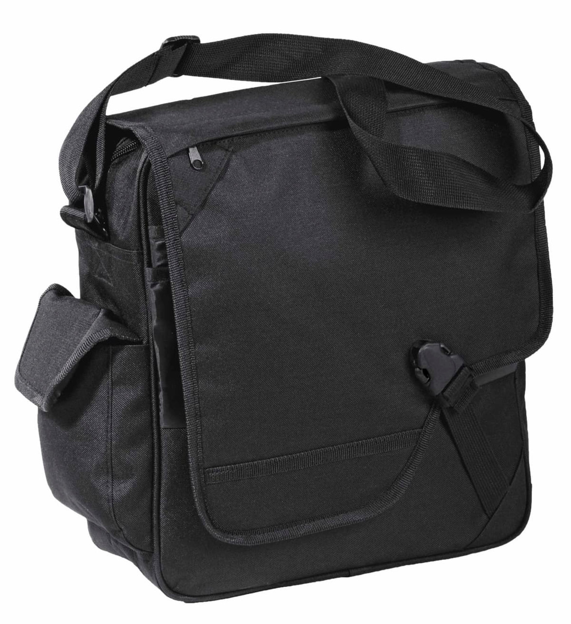 A black messenger bag with an adjustable strap and multiple pockets, featuring a secure flap closure and a logo.