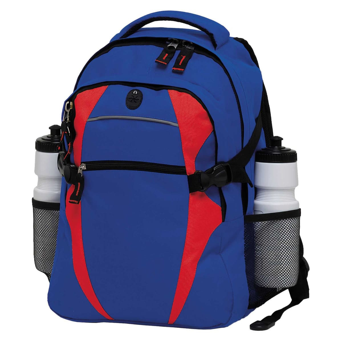 A blue and red backpack featuring two side pockets, each holding a white drink bottle. It has a logo on the front.