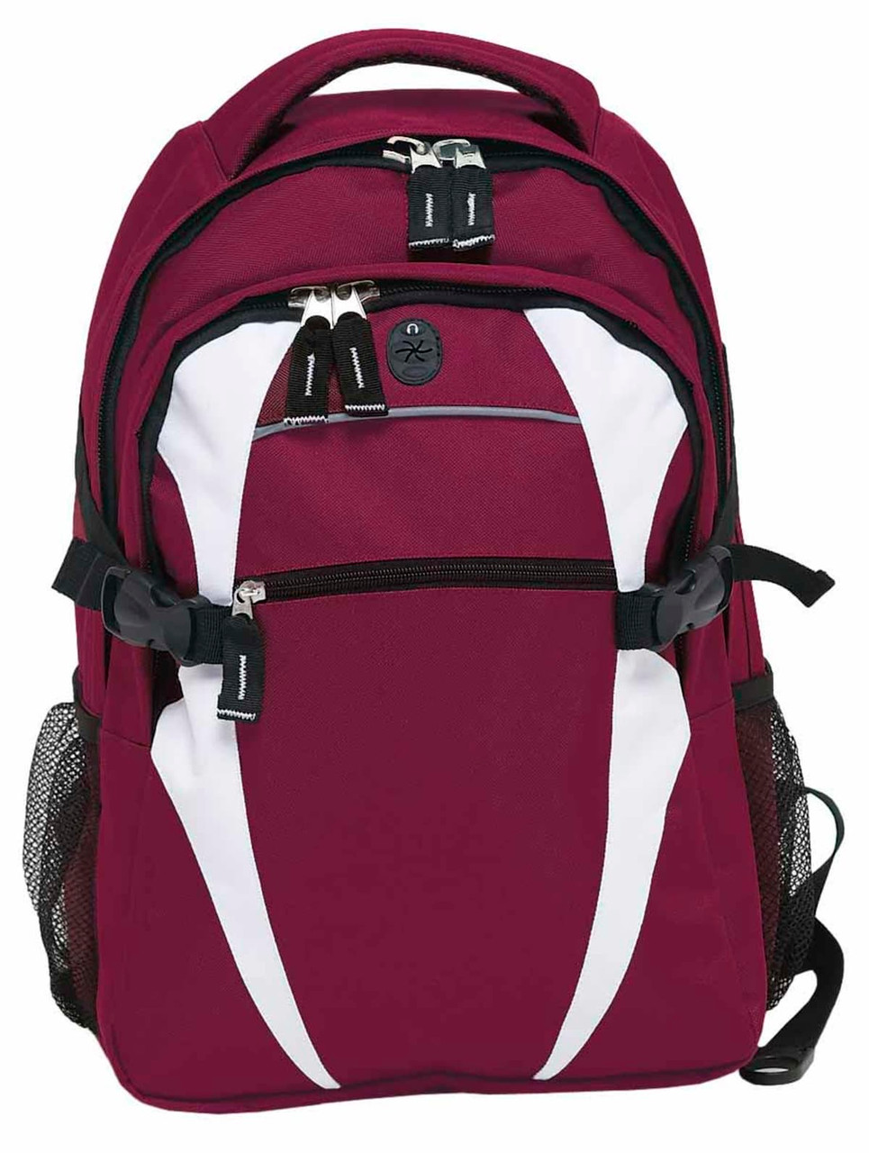 A maroon and white backpack featuring multiple compartments, zippers, and a mesh side pocket. It has a logo.