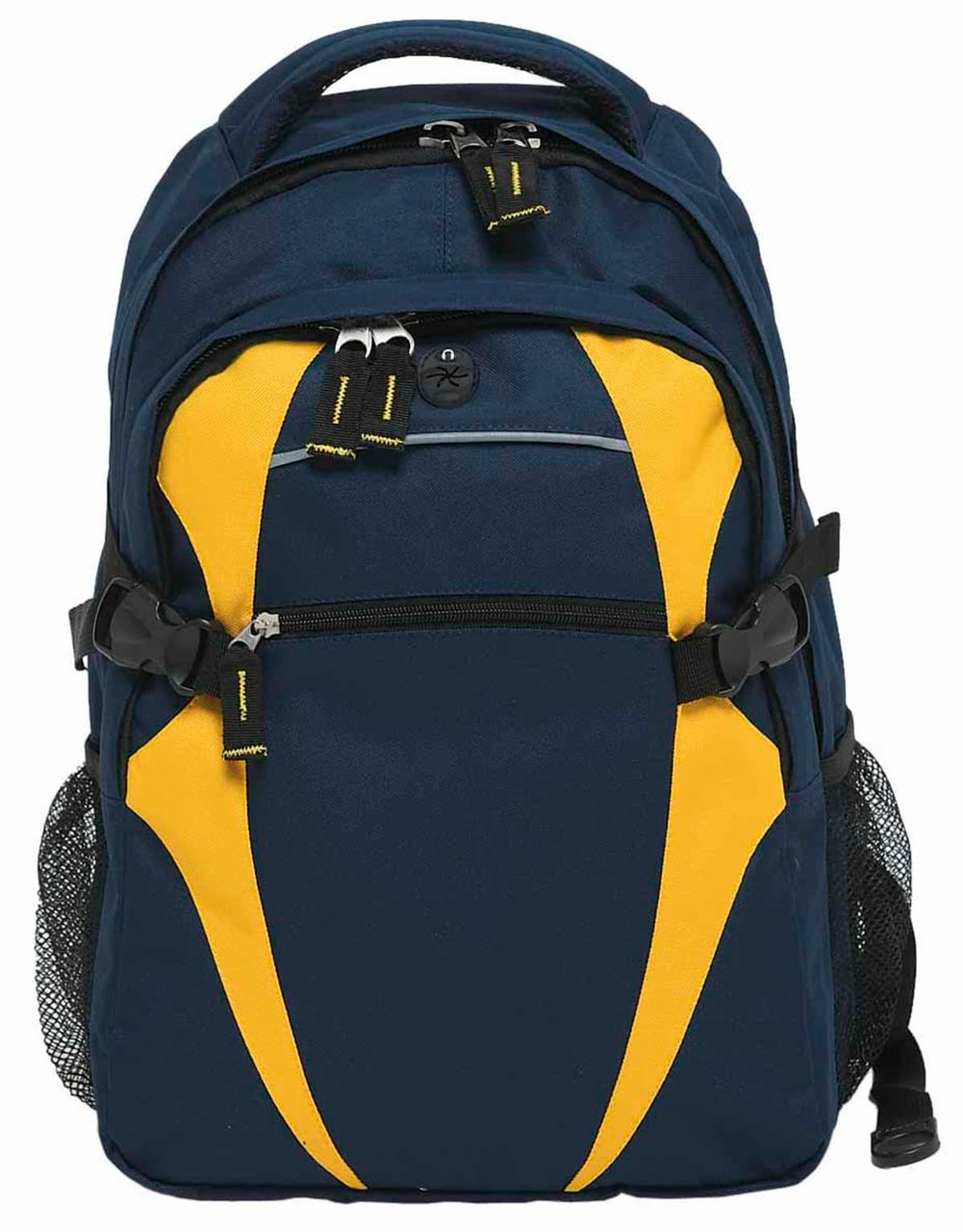 A navy blue and yellow Spliced Zenith Backpack with zippers and mesh side pockets. It features a branded logo.