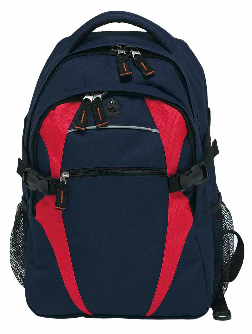 A navy blue and red backpack with multiple compartments and a mesh side pocket. It features a logo on the front.