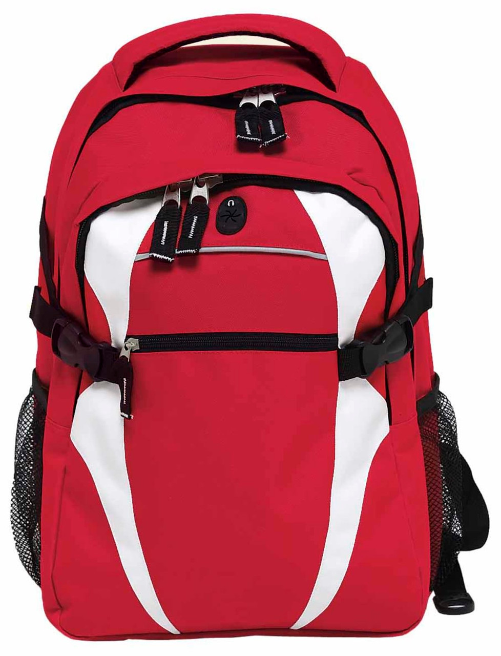 A red and white backpack featuring multiple compartments and a mesh side pocket. It includes a logo.