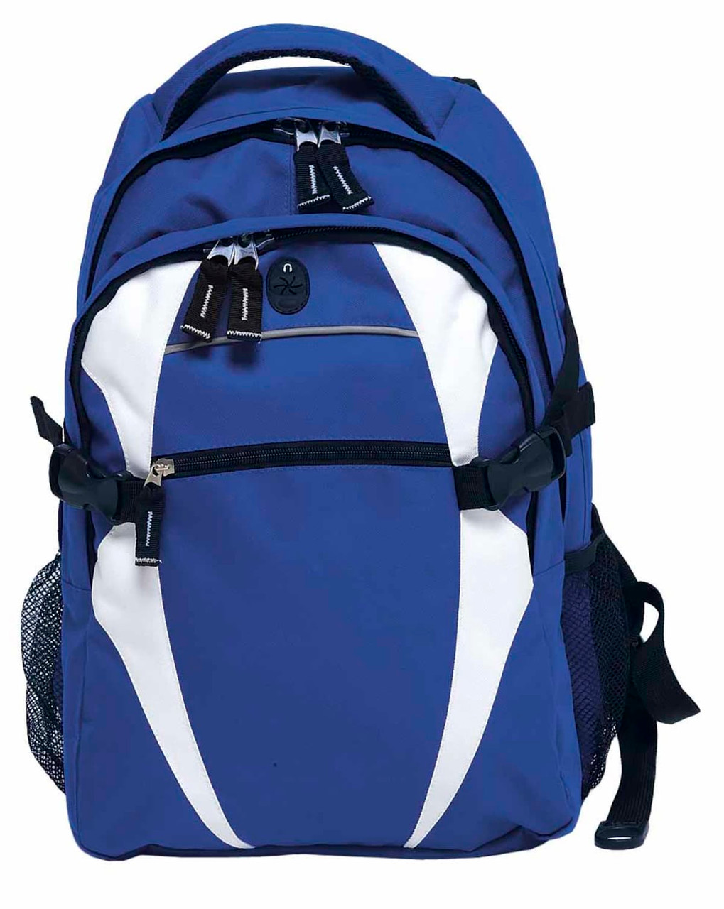 A blue and white backpack featuring multiple compartments, zippers, and a mesh side pocket. It includes a logo.