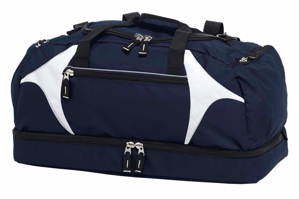 A navy blue duffle bag with white accents, featuring multiple zippers and a branding logo.