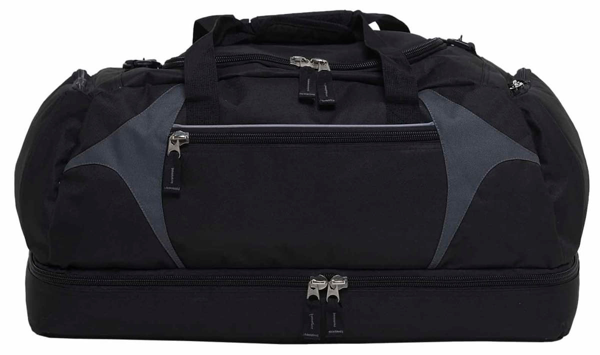A black duffle bag with grey accents featuring multiple zippered compartments and handles, and a small logo.