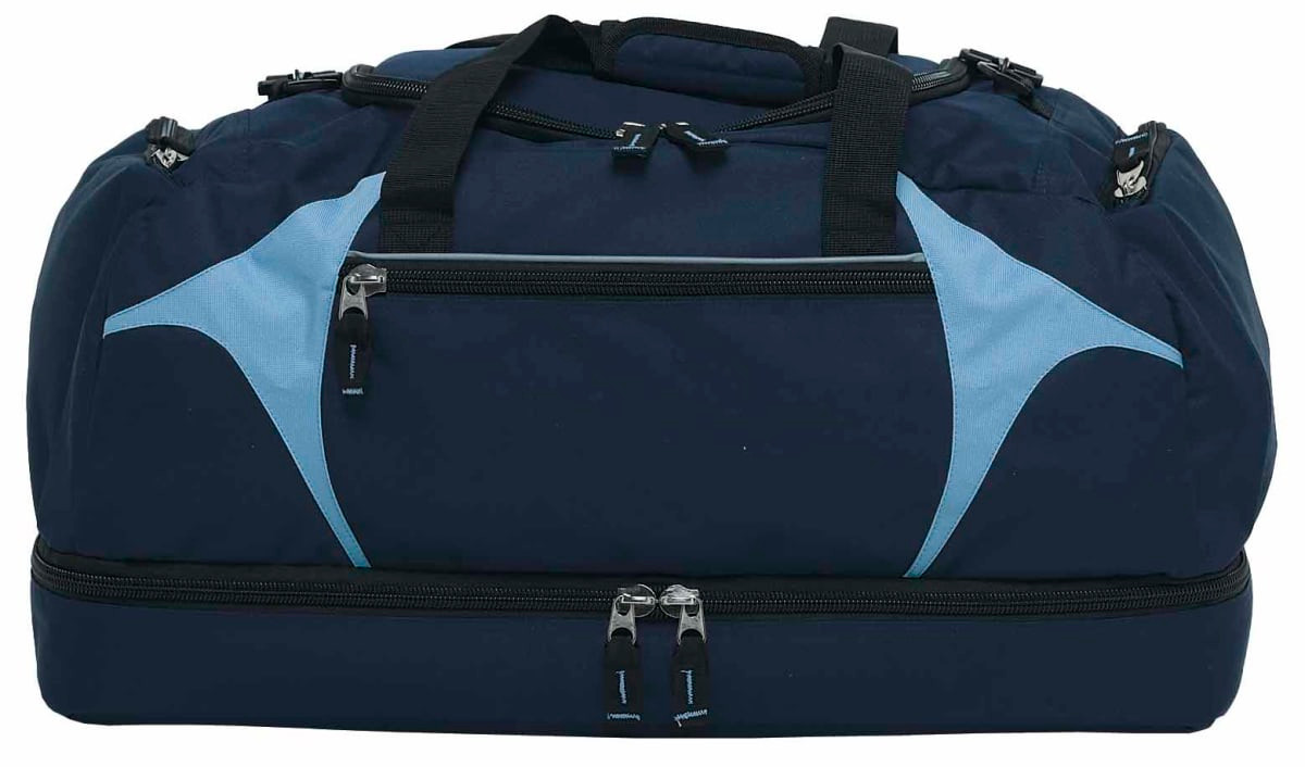 A navy duffle bag with light blue accents and multiple zippers, featuring carry handles and a logo.
