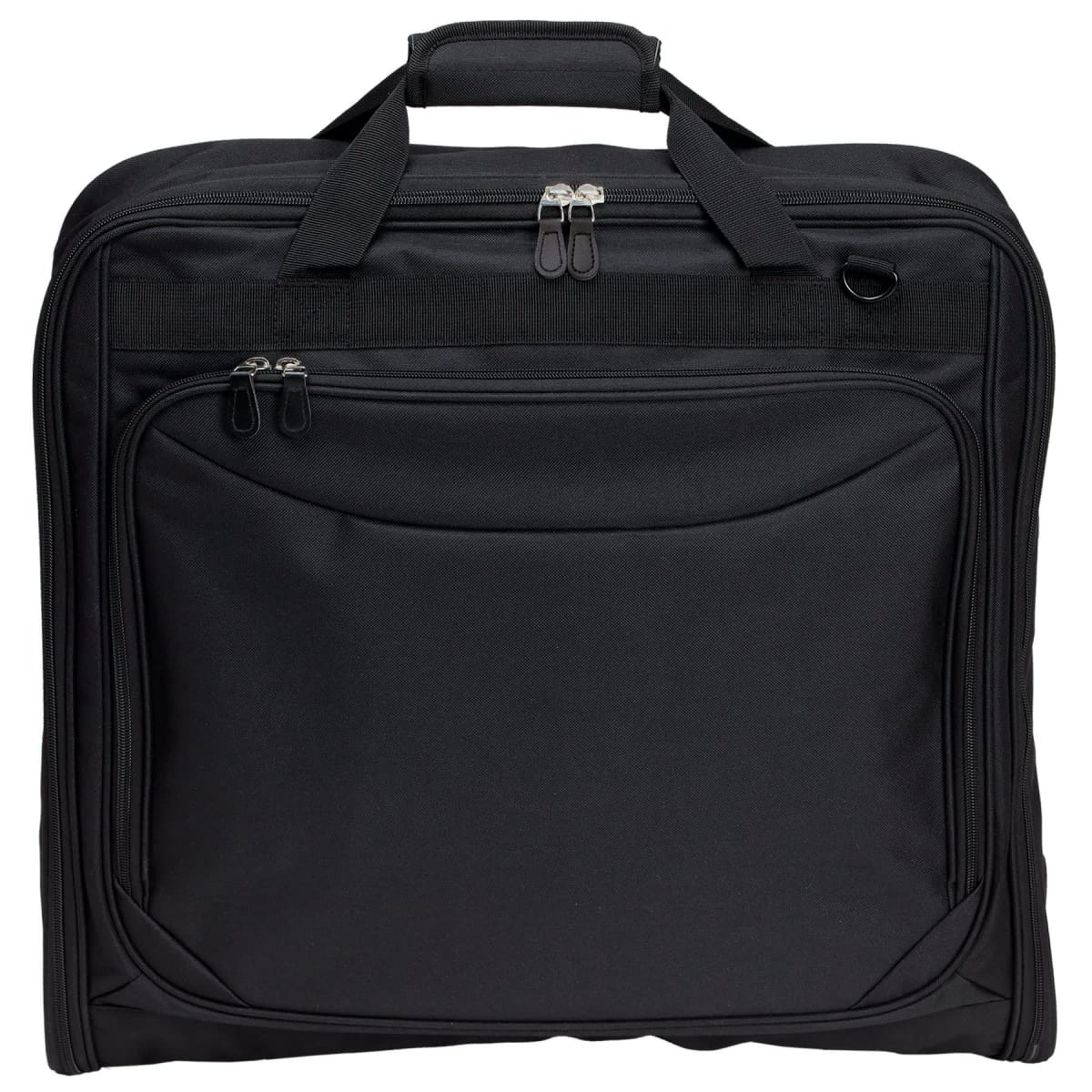 A black garment bag with dual zippers and top carry handle, featuring a sleek, minimalist design.