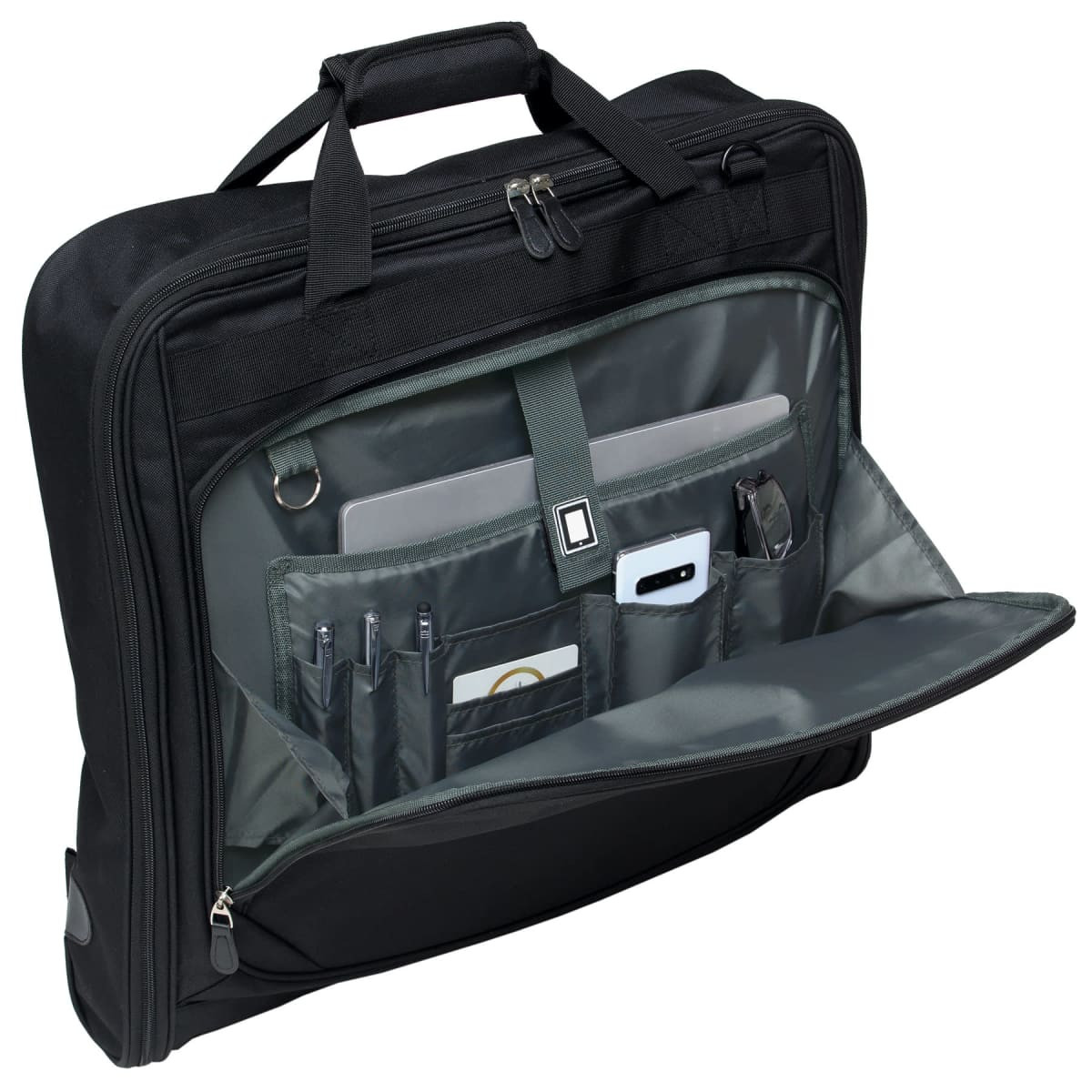 A black garment bag featuring multiple compartments, including space for a laptop, pens, and other accessories.